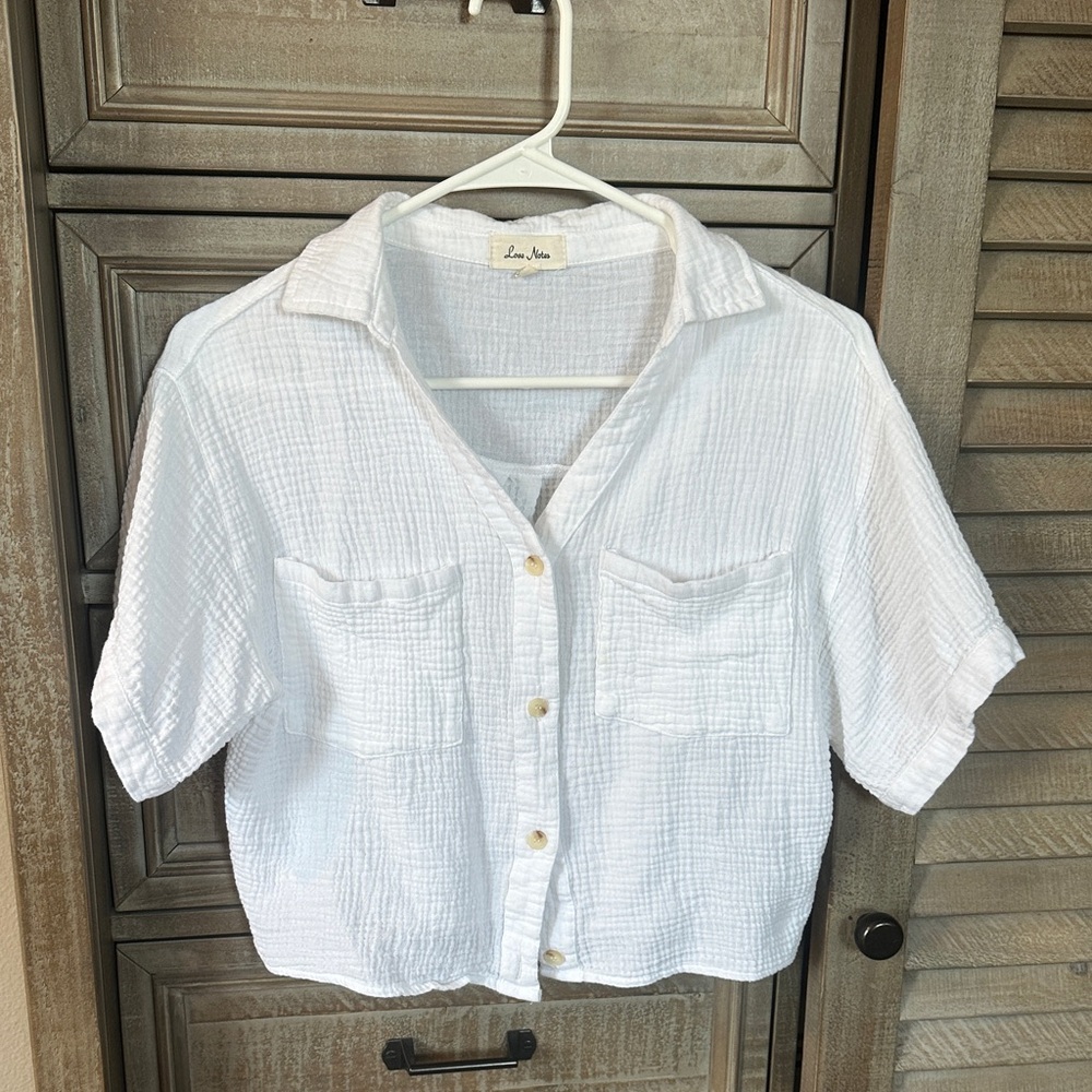 White linen Button-Front Crop Shirt
